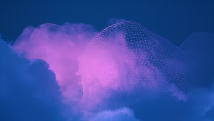 Floating purple cloud-like formation swirling in deep blue void, with white wireframe mesh overlay