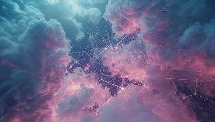 Network structure pulsing in cosmic teal and pink clouds, with glowing nodes and luminescent lines
