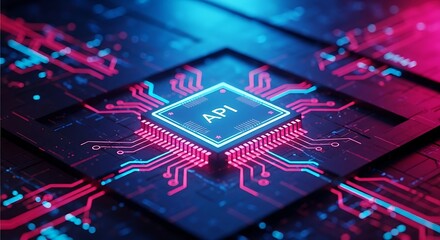 Close up of a glowing API chip on a circuit board with neon lights Keywords: API, application programming interface, technology, computer, chip