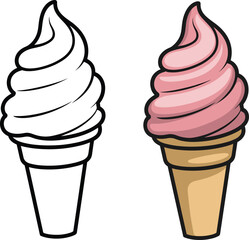 Ice cream cone illustration, outline and colored version, dessert drawing, sweet food sketch, summer treat art, kids coloring page design