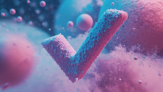 Floating textured check mark drifting in digital space, with floating spheres and cloud formations