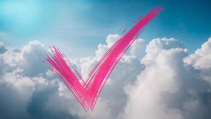 Floating magenta check mark brushstroke hovering above cumulus clouds in blue sky, speckled flecks