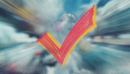 Featuring pink yellow brush stroke check mark over highway, with blurred vehicles, light streaks