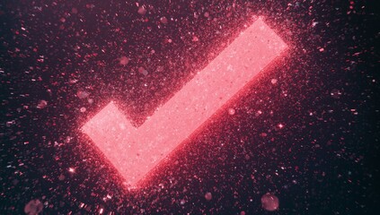 Glowing neon pink check mark floating in abstract digital space, with shimmering digital particles