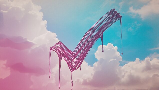 Painting large purple dripping check mark stretching across pastel sky, with billowy white clouds - Powered by Adobe