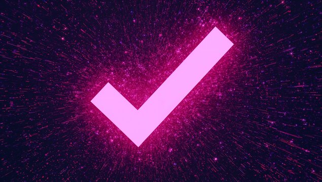 Radiating neon-pink check mark glowing in space, emitting radial light streaks and magenta sparkles