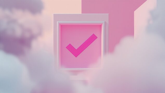 Floating pink checkmark inside square frame over dreamy sky with pastel clouds and vertical panel
