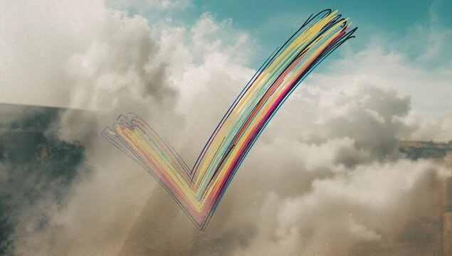 Rising colorful scribbled check mark above clouds at horizon, with bright brush strokes