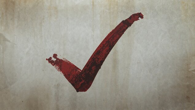 Displaying red brushstroke check mark on parchment-like wall, revealing uneven bristle splatter