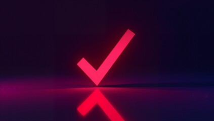 Glowing red neon checkmark standing on glossy reflective floor in studio, dark gradient background