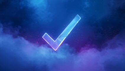 Floating semi-transparent check mark glowing within cosmic nebula clouds, with drifting sparks