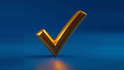 Shining golden 3D check mark reflecting light on polished blue surface, with studio-style render
