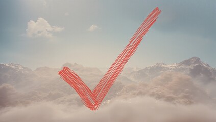 Displaying red check mark hovering above snow-capped mountain peaks, with dense cloud layer