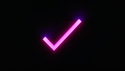 Glowing neon pink check mark symbol floating in dark digital graphic space, emitting purple glow
