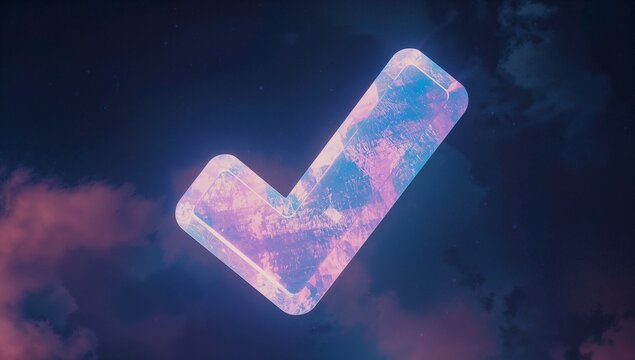 Floating neon pink check mark showing scratched worn surface in virtual cosmic environment - Powered by Adobe