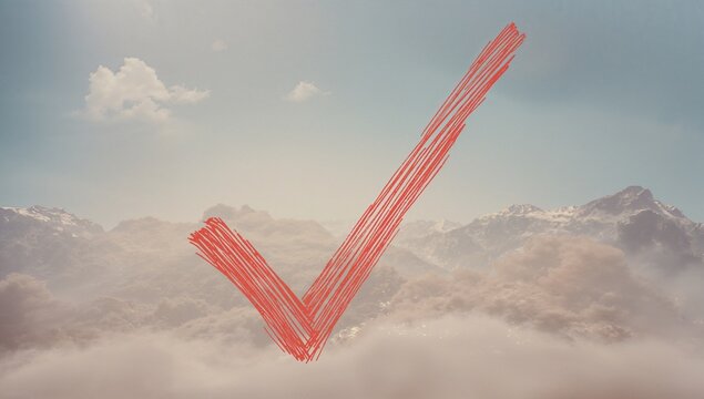 Displaying red check mark hovering above snow-capped mountain peaks, with dense cloud layer - Powered by Adobe