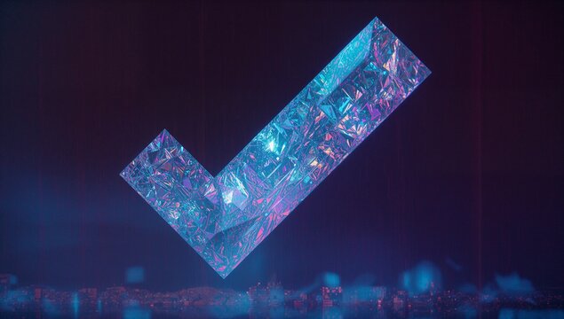 Faceted crystalline checkmark hovering in glowing city skyline, with neon blue purple highlights - Powered by Adobe