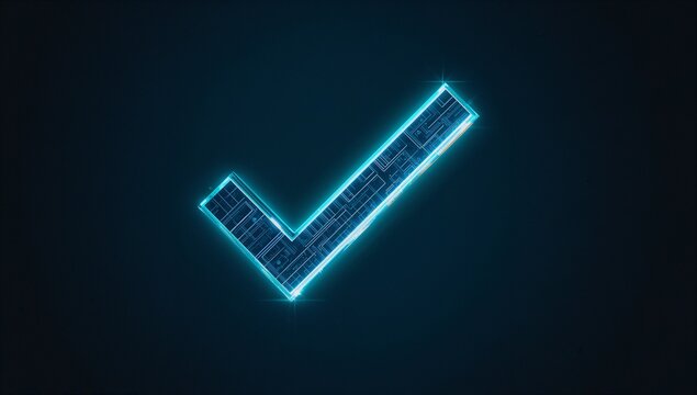 Floating neon-blue digital check mark emitting subtle light flares against deep dark digital void