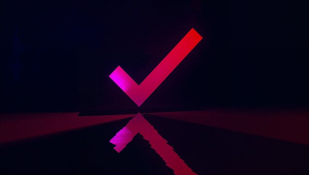 Floating neon gradient checkmark hovering above dark polished studio floor, with red light patterns - Powered by Adobe