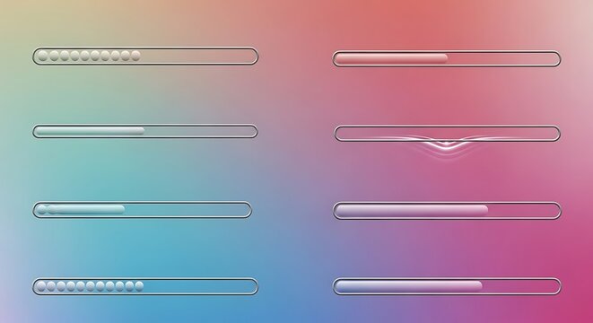 Set of eight transparent glass progress bars on a gradient background.