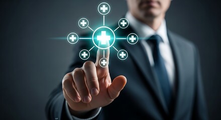 Businessman touching glowing medical network interface with plus signs healthcare