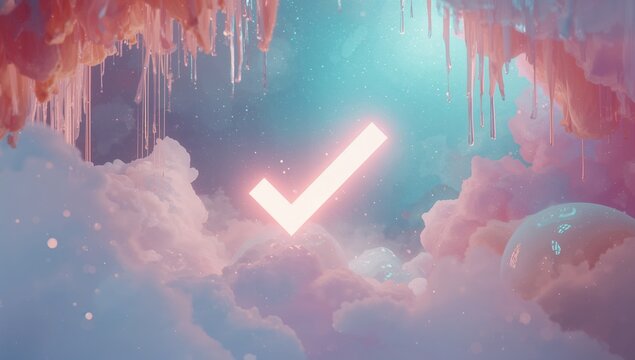 Hovering glowing check mark symbol lighting pastel cloud cavern with coral drips orbs and particles - Powered by Adobe