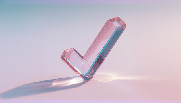 Translucent crystal check mark glistening on studio floor, casting pastel gradient reflections - Powered by Adobe