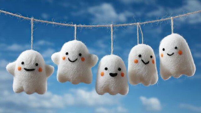 Five small, felt ghosts hang from a string against a bright blue sky with fluffy white clouds.  Each ghost has a simple happy face with orange accents