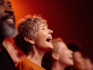 A diverse group enjoys a performance, lit warmly. Shows excitement, community,  shared joy. Suitable for entertainment, culture, events, or advertising mature audiences.