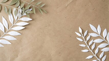 Minimalist botanical background with white paper leaves on crumpled kraft paper flat lay.
