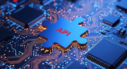 Red API Puzzle Piece on a Complex Orange and Blue Circuit Board application programming interface