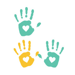 Colorful Handprints with Heart Symbols - A Symbol of Love and Care.