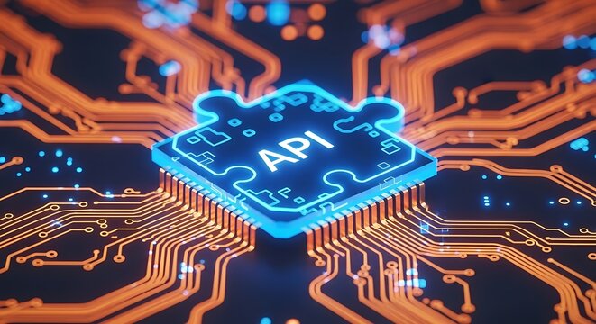 Glowing Blue API Puzzle Piece on a Detailed Orange Circuit Board application programming interface