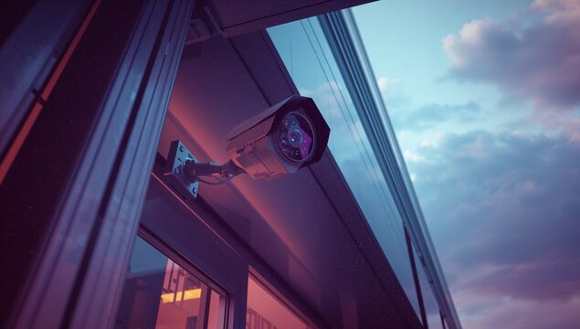 Observing metal surveillance camera capturing on modern building facade, with warm window lighting