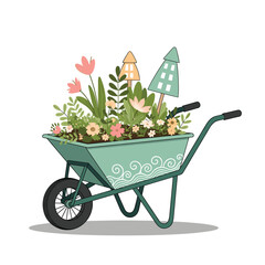 Whimsical Wheelbarrow Garden with Flowers and Decorative Elements.