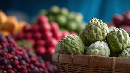 Obraz premium Closeup of exotic custard apples in a woven basket at a vibrant market. Fresh, healthy food concept. Ideal for nutrition, travel, or culinary projects.