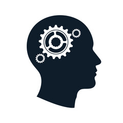 Silhouette of a head with gears representing thought processes.