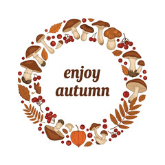 Autumn Wreath with Mushrooms, Berries, and Leaves.