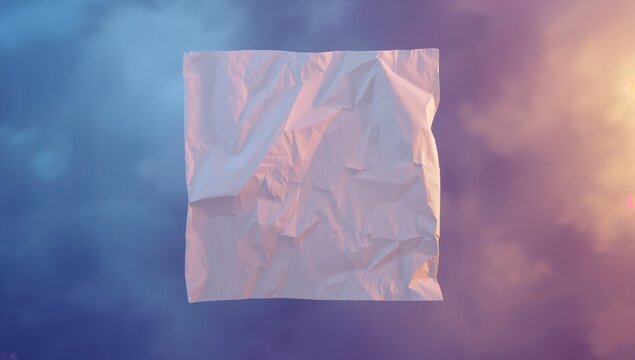 Floating crumpled white paper sheet catching warm peach and cool lavender lighting in sunrise sky