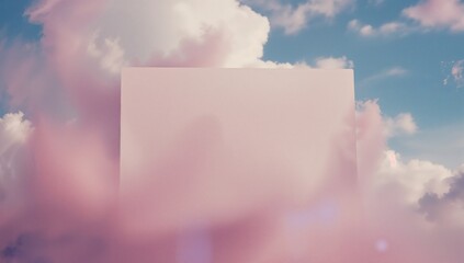 Floating blank white panel drifting in surreal sky, with pastel pink mist and fluffy clouds
