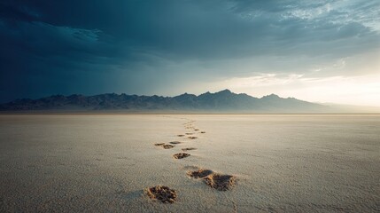 Footprints trail across a vast dry salt flat leading towards distant rugged mountains under a dramatic clouded sky