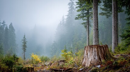 An old tree stump rests in a misty forest landscape with tall evergreen trees and lush undergrowth