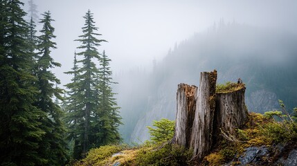 Old tree stumps covered in moss and lichen stand on a rocky outcrop amidst tall evergreen trees in a misty mountainous forest landscape