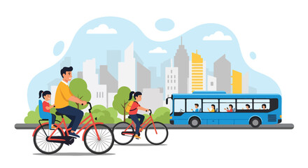 Adobe illustrator artwork vector illustration. Family cycling in the city, promoting healthy and eco-friendly urban transport and outdoor recreation © Amie