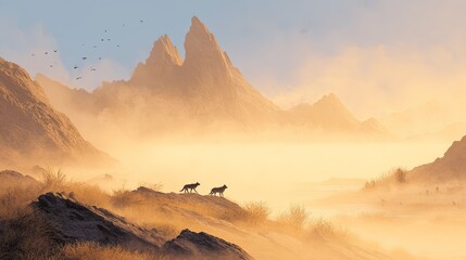 Two wolves stand on a rocky ridge overlooking a misty mountain landscape at dawn with birds flying in the sky