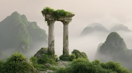Ancient stone columns overgrown with ivy stand amidst lush green mountains shrouded in mist