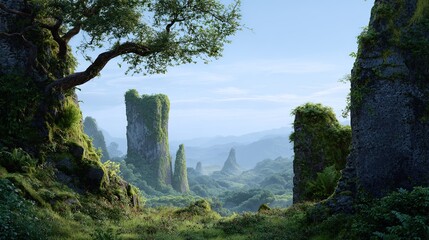 Lush moss covered ancient stone pillars rise majestically amidst a misty mountain landscape with verdant forests and a serene blue sky