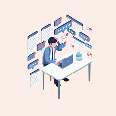 An isometric vector illustration depicting a stressed businessman at his desk, overwhelmed by a constant barrage of digital notifications, emails, and social media alerts from his laptop