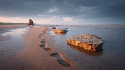 Footprints leading across a wet sandy beach towards a dramatic rock formation and the sea under a moody sky