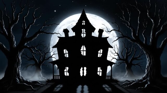 Eerie atmosphere surrounds haunting silhouette of spooky house under full moon, framed by dark trees, evoking mystery and suspense perfect for Halloween themes